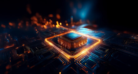 Poster - Glowing futuristic chip emits vibrant orange and blue light trails on a dark circuit board backdrop.  Abstract tech concept with glowing components.