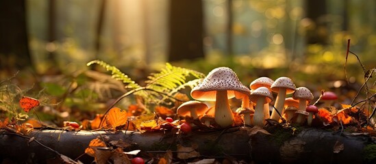 Fototapete - Autumn forest scene featuring clusters of mushrooms in warm brown and orange tones, surrounded by vibrant fallen leaves and soft sunlight filtering through trees.