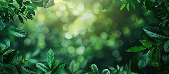 Fototapete - Vibrant green foliage framing a soft glowing bokeh background with a serene natural ambiance ideal for text overlay and designs.