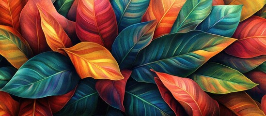 Fototapete - Vibrant autumn leaves in rich red, orange, and green colors overlap in textured layers against a blurred background, showcasing nature's beauty.
