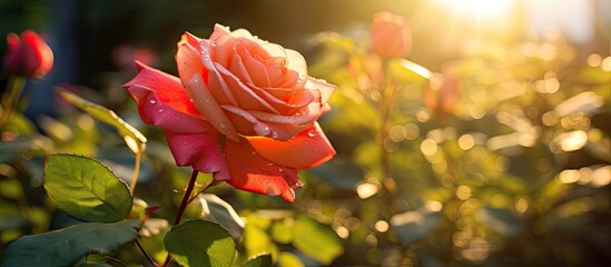 Fototapete - Close-up of a vibrant pink and orange rose with dew drops, surrounded by lush green leaves, illuminated by warm sunlight in a garden setting.