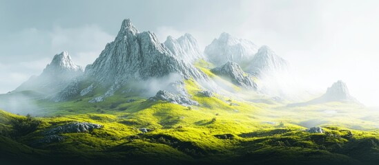 Fototapete - Majestic rocky mountain peak surrounded by lush green grass under soft misty light highlighting the serene landscape on a white background.