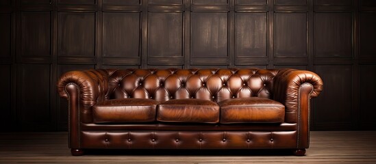 Poster - Elegant brown leather Chesterfield sofa placed centrally in a classic luxury living room with dark wood paneling and warm lighting.