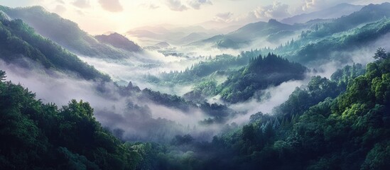 Leinwandbilder - Serene misty landscape with rolling green hills in foreground, soft fog enveloping valleys, and distant mountains under a soft blue sky.