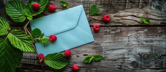 Aufkleber - Blue envelope positioned centrally on rustic wooden surface, surrounded by vibrant green leaves and fresh red raspberries, creating a natural composition.