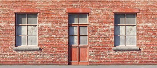 Aufkleber - Vintage red clinker brick wall with two windows and a central wooden door, showcasing weathered textures and a modernized appearance.