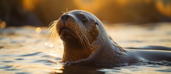 Aufkleber - Sea lion swimming in calm water during sunrise with golden light reflecting on the surface and soft bokeh in the background.