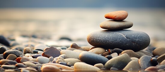 Aufkleber - Stacked smooth stones in various colors on a pebbled beach with soft background hues of blue and gold, symbolizing natural beauty and serenity.