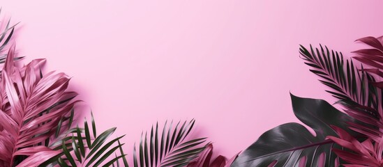 Aufkleber - Tropical palm leaves in shades of green and burgundy framing a soft pink background creating an inviting copy space for summer designs