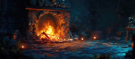 Aufkleber - Cozy rustic fireplace setting with glowing orange flames and flickering candlelight on blue stone floor, creating a warm and tranquil ambiance.