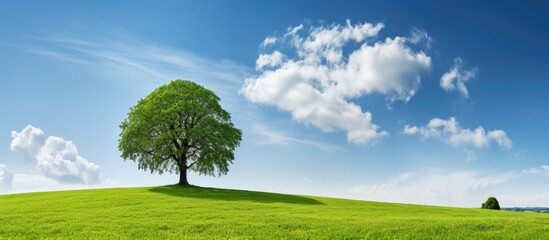 Leinwandbilder - Lush green linden tree positioned prominently on a gentle hill against a bright blue sky with scattered clouds in a serene summer landscape.