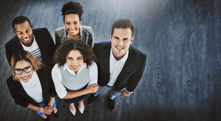 Aufkleber - Above, portrait and business people in office, collaboration and cooperation with diversity. Space, consultant and employees in workplace, mission and support with company development or community