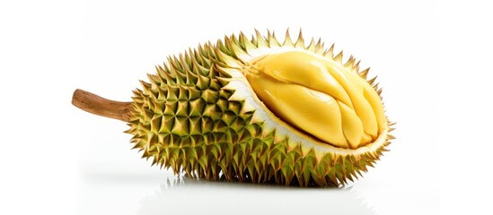 Poster - Durian fruit with spiky green exterior and yellow flesh displayed on a clean white background highlighting texture and color contrast