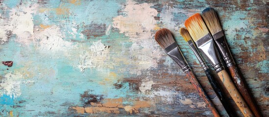 Poster - Weathered wooden surface with textured teal, white, and brown hues showcasing paint brushes positioned diagonally for artistic expression.