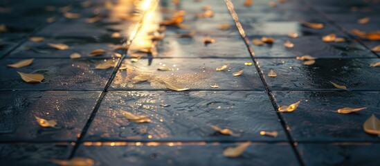 Leinwandbilder - Moist tiled floor with scattered autumn leaves, light reflections creating warm tones, depth perspective emphasizing texture and tranquility.
