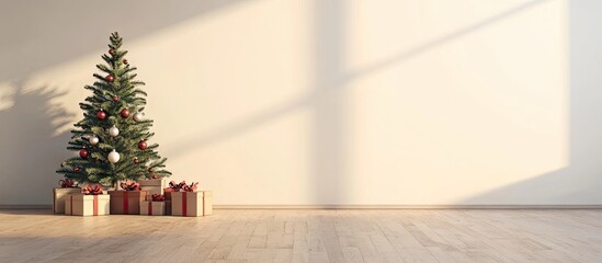 Poster - Cozy living room with a decorated Christmas tree on the left, surrounded by wrapped gifts, bathed in warm sunlight on a light beige wall.