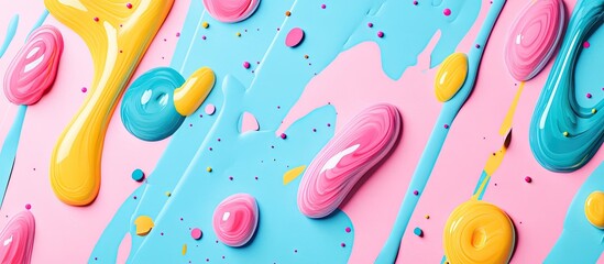 Leinwandbilder - Colorful abstract paint splashes in vibrant pink, blue, yellow, and turquoise hues, evenly distributed across a textured background creating a playful design.