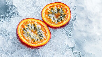 Wall Mural -   A couple of fruits resting atop an icy mound above a body of water