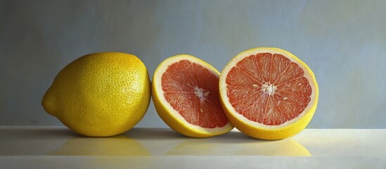 Poster - Vibrant display of fresh yellow lemon next to sliced red grapefruit on a neutral background showcasing rich textures and vivid colors.