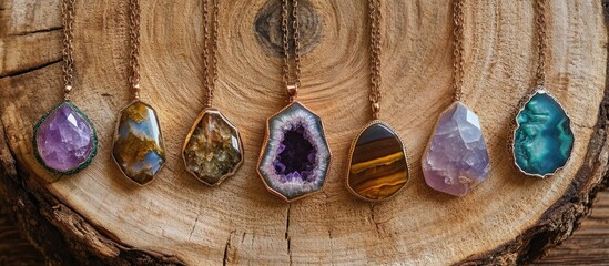 Aufkleber - Colorful semi-precious stone pendants including amethyst, citrine, and malachite arranged on a round cut wooden trunk surface bathed in natural light.
