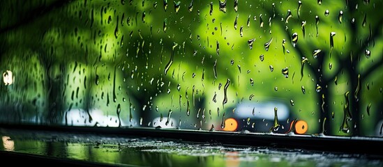 Fototapete - Raindrops on a car mirror reflect blurred cars and lush green trees creating a tranquil post-rain scene with vivid natural colors.