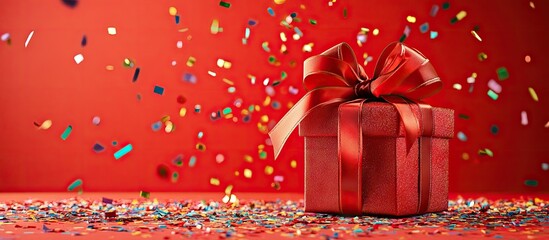 Poster - Festive present box wrapped in a vibrant red ribbon and bow against a bold red background with colorful confetti accents enhancing the celebratory theme