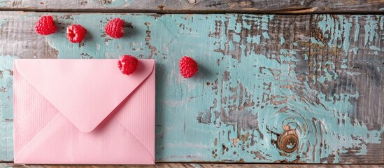 Aufkleber - Pink envelope on weathered turquoise wooden surface with fresh red raspberries scattered around, creating a vibrant and inviting composition.