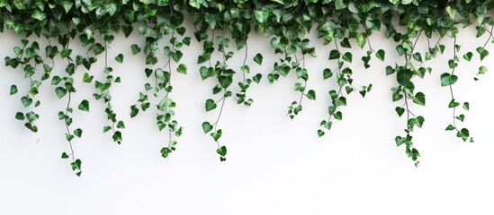 Fototapete - Lush green ivy vine with heart-shaped leaves cascading down against a clean white background, showcasing a vibrant tropical aesthetic and natural beauty.