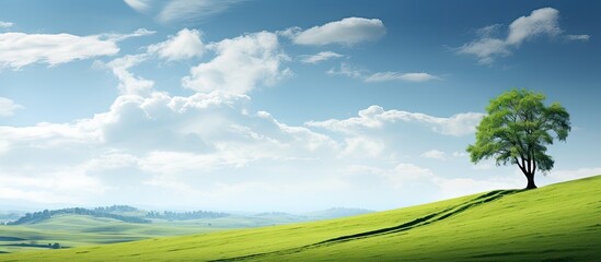 Poster - Lush green landscape with a solitary tree on the left under a bright blue sky with fluffy white clouds casting gentle shadows on the grassy hill.