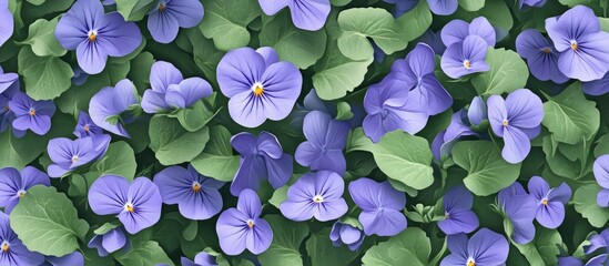 Aufkleber - Vibrant pattern of wild violets in full bloom featuring purple flowers and lush green leaves on a light background ideal for spring themes.