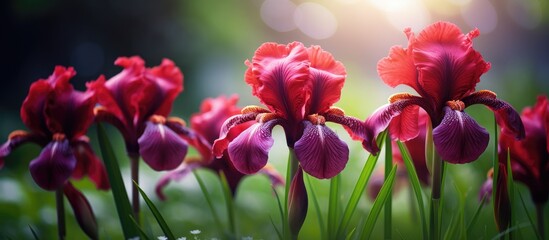 Aufkleber - Dark red irises blooming in a vibrant garden under soft sunlight with blurred green background showcasing spring and summer beauty.
