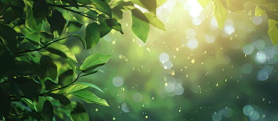 Aufkleber - Nature themed blurred backdrop featuring vibrant green leaves in the foreground with soft bokeh light creating a serene atmosphere in the background.