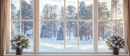 Aufkleber - Winter scene viewed through a large window with white curtains showcasing snowy trees and a decorated pine tree outside bathed in soft sunlight.
