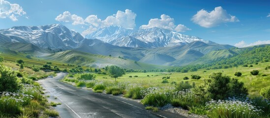 Fototapete - Scenic landscape with a winding road in the foreground, lush green hills, blooming flowers, and majestic snow-capped mountains under a clear blue sky.