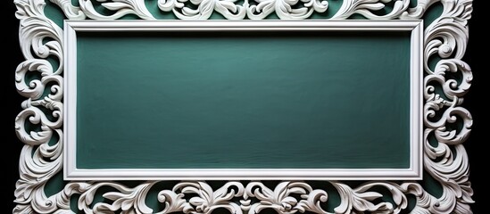 Fototapete - Elaborate white carved frame featuring intricate designs surrounding a dark green blank space, perfect for modern interior decor, centered composition