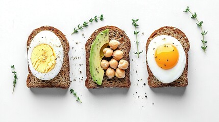 Wall Mural -   Three slices of bread with eggs, avocado, and chickpeas on a white surface