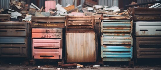 Poster - Pastel colored old radiators stacked in a junkyard with rusted metal surfaces and a varied arrangement creating a patterned visual effect