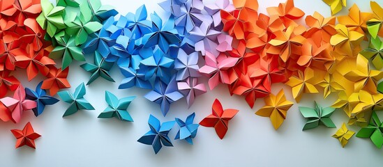 Poster - Colorful arrangement of vibrant origami stars in red, orange, yellow, green, and blue, scattered across a light background in a dynamic composition.