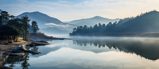 Aufkleber - Tranquil morning at Darma Reservoir featuring serene water reflection, misty mountains in blue and green hues, with a forested shoreline.