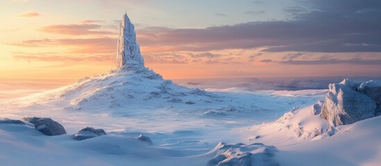 Poster - Snow-covered mountains at dusk with a central icy peak illuminated by soft orange and purple hues in the sky contrasting with white fog.