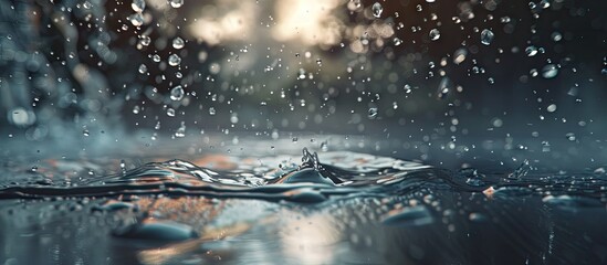 Aufkleber - Close-up of realistic rain droplets splashing on a tranquil surface, with a blurred background featuring soft light hues and a cool color palette.