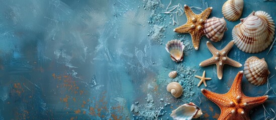 Poster - Nautical scene featuring starfish and seashells arranged on the right side against a textured blue background ideal for copy space.