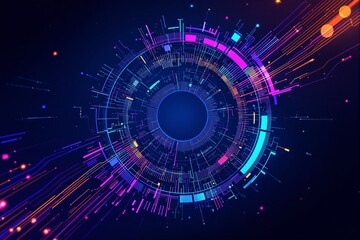 Wall Mural - abstract circular futuristic digital interface with vibrant neon colors and dark background.