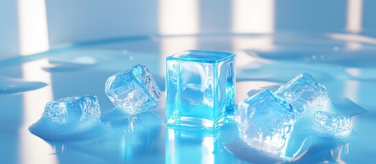 Poster - Refreshing aqua colored ice cubes on a glossy blue surface with droplets, showcasing purity and cleanliness for consumption or use.