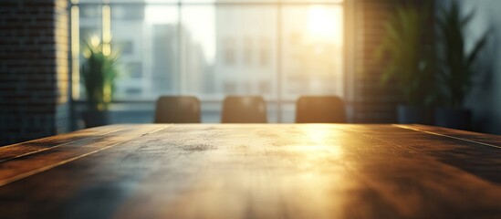 Poster - Blurred view from a wooden table in an empty classroom with sunlight streaming through large windows and soft green plants in the background.