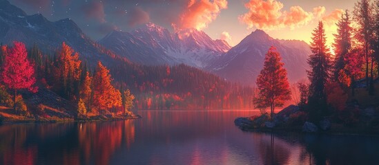 Poster - Vibrant sunset over tranquil lake surrounded by colorful autumn trees with mountains in the background reflecting warm pink and orange hues