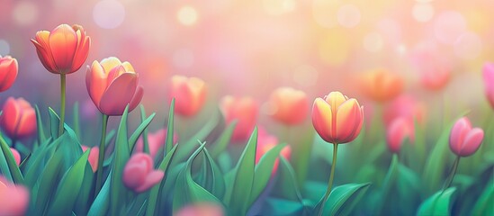 Aufkleber - Vibrant spring tulips in a soft blurred background featuring pink and yellow hues with lush green leaves creating a serene floral scene.