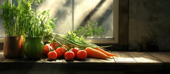 Leinwandbilder - Fresh vegetables arranged on a wooden table by a window include tomatoes, carrots, and herbs, illuminated by soft natural light.