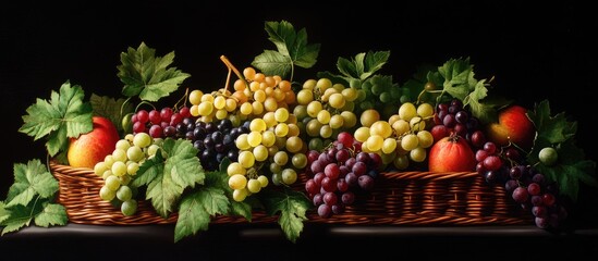 Aufkleber - Vibrant organic grapes in green, white, and red varieties displayed in woven baskets with lush green leaves against a black background