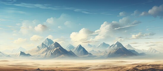 Aufkleber - Majestic mountain peaks in soft blue and white hues under a bright sky with wispy clouds, set against a serene, expansive landscape.